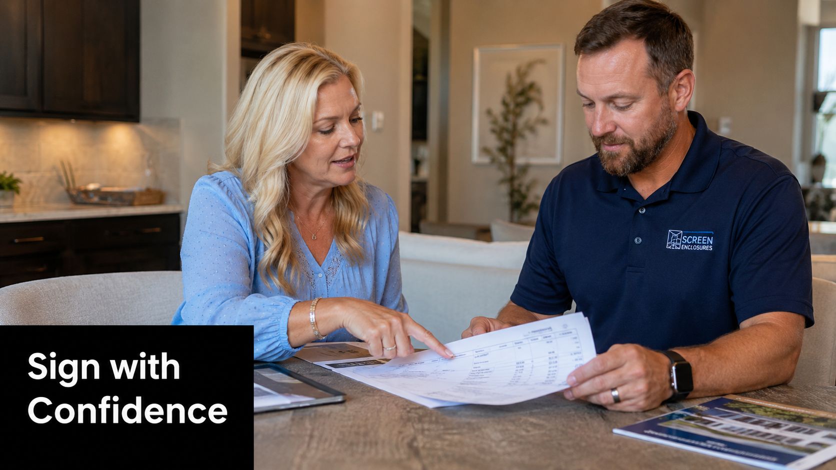 A woman reviews paperwork with a screen enclosure company representative in a professional home setting.