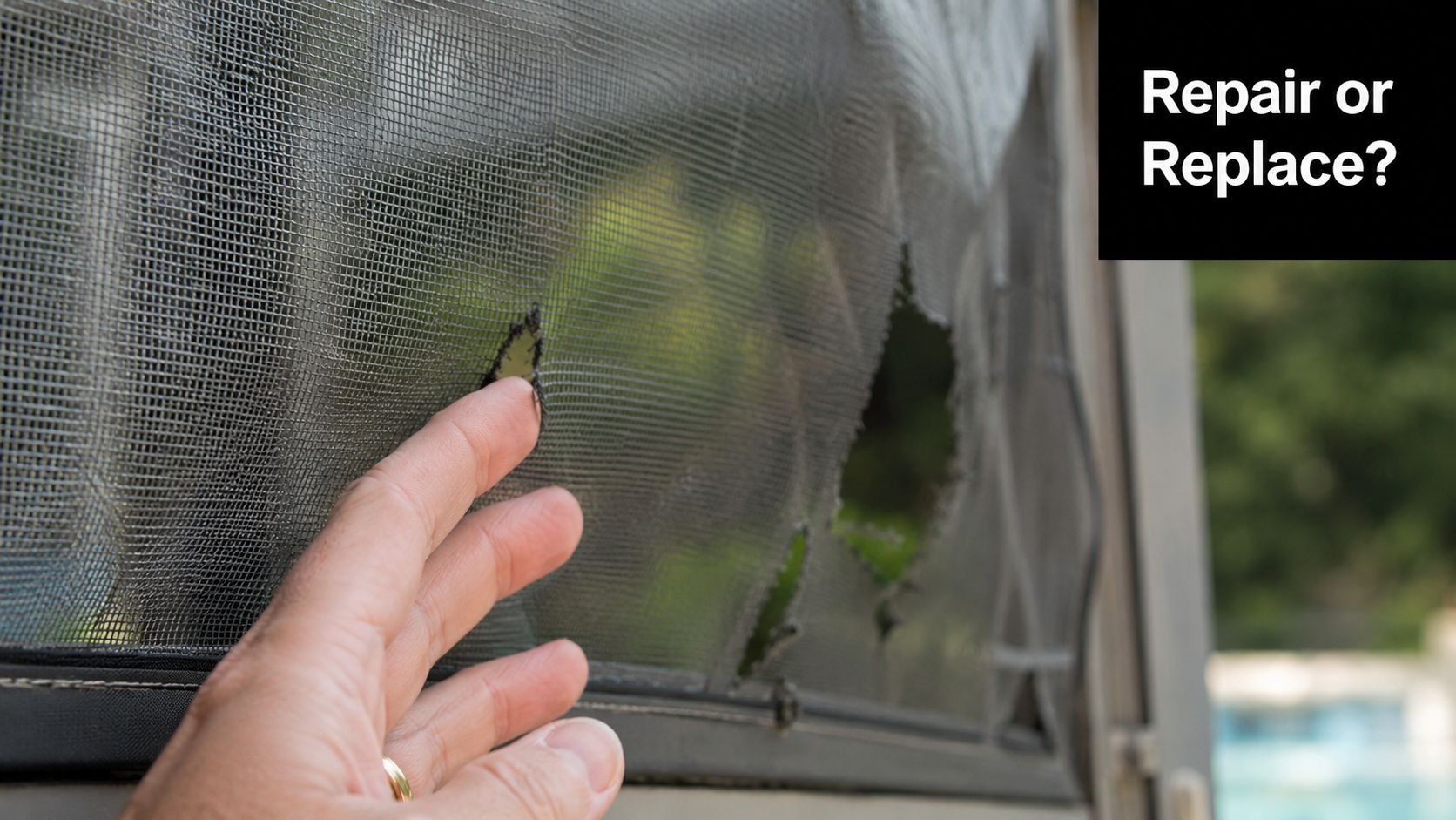 A hand touching a damaged window screen with large rips, posing the question of repair or replacement.