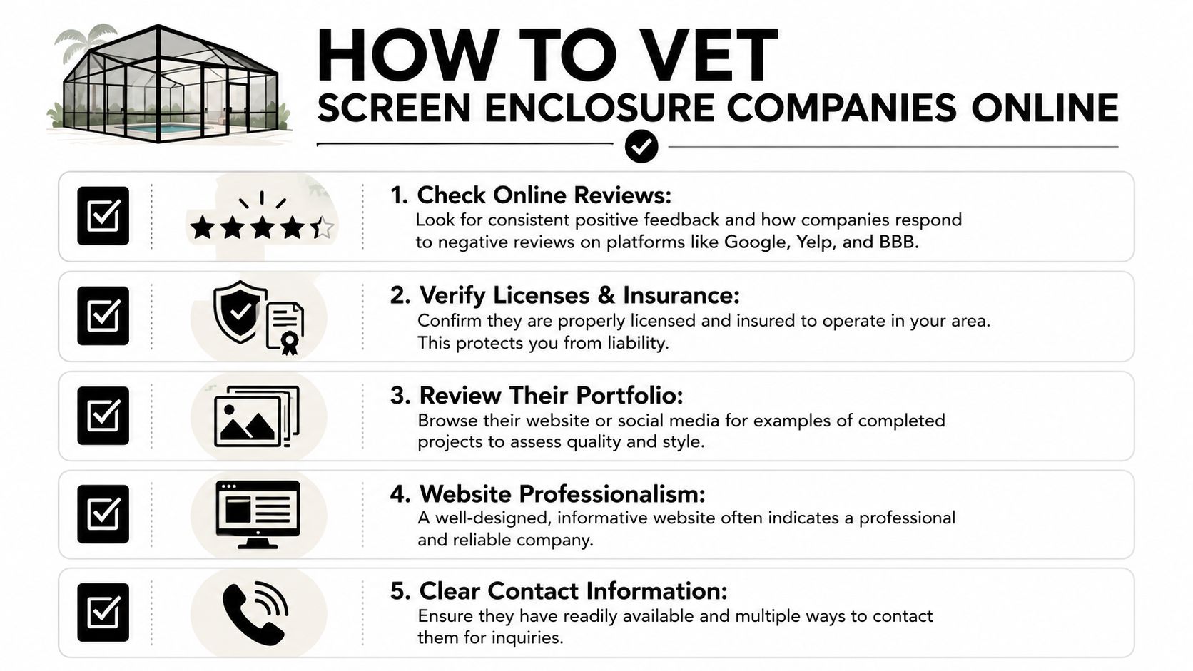 A helpful infographic showing five essential steps to vet screen enclosure companies online for your home.