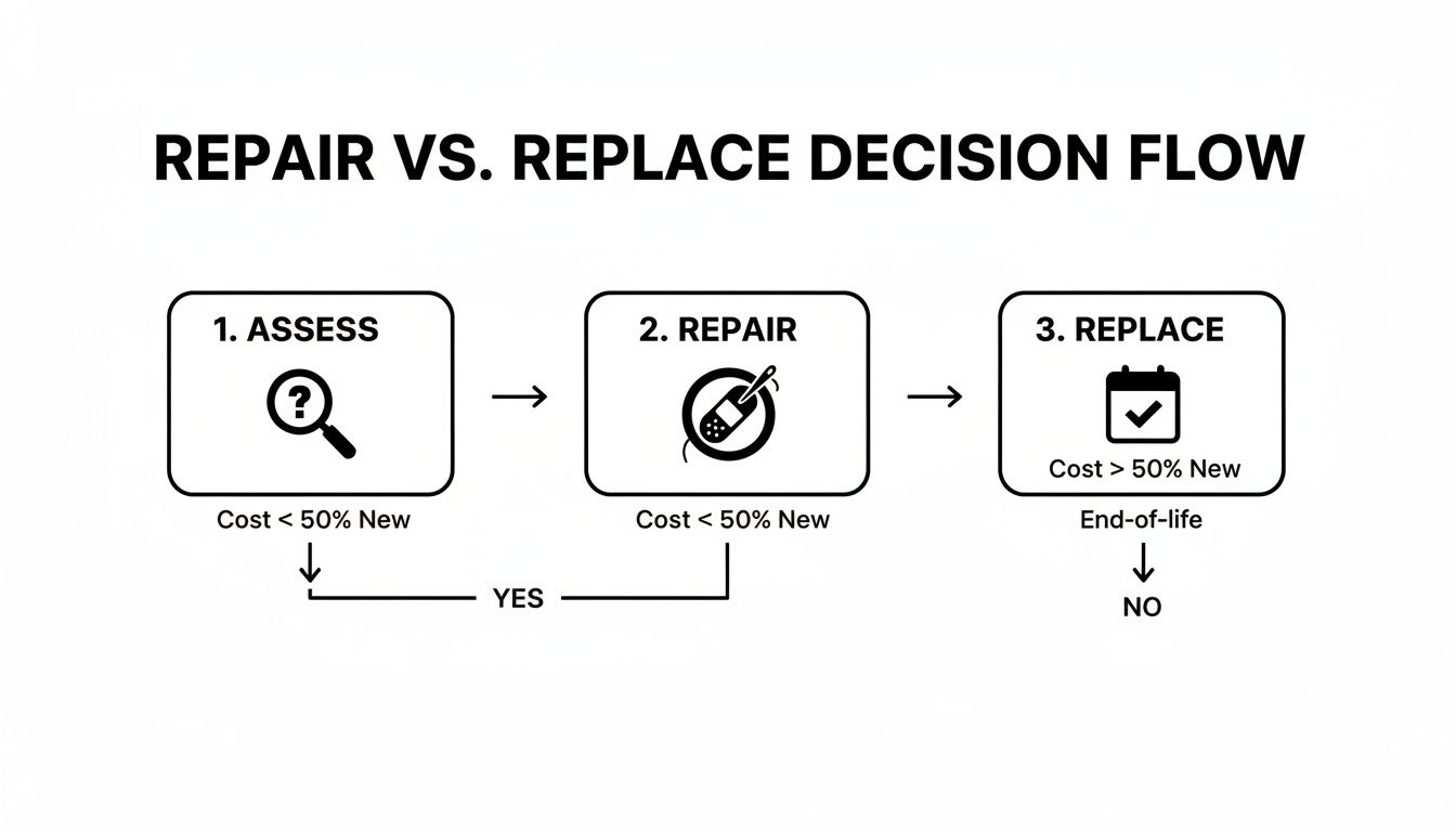 Diagram showing a repair vs. replace decision flow based on assessment, repair cost, and product end-of-life.