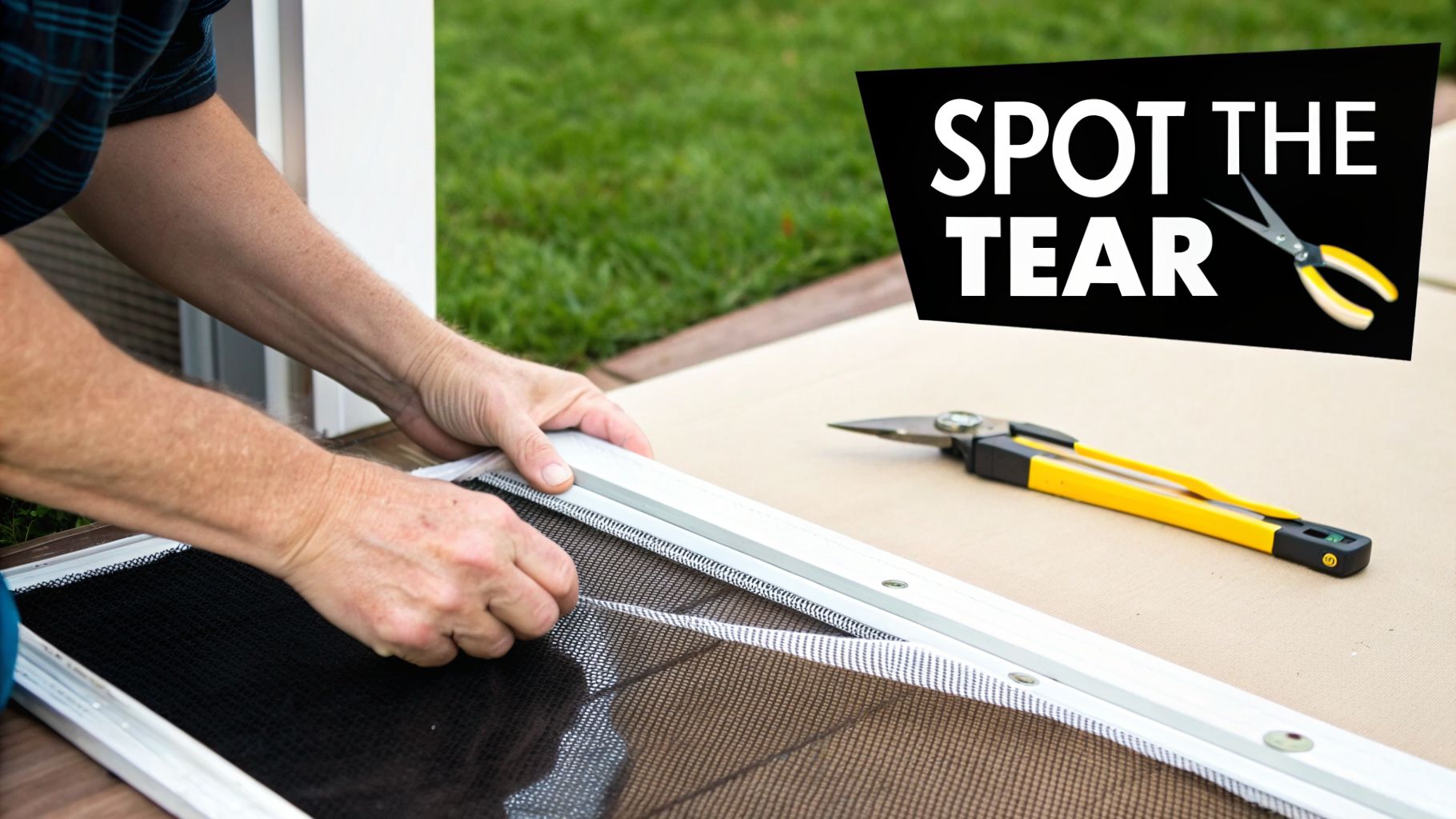 A person's hands installing new mesh into a window or door screen frame, with repair tools nearby.