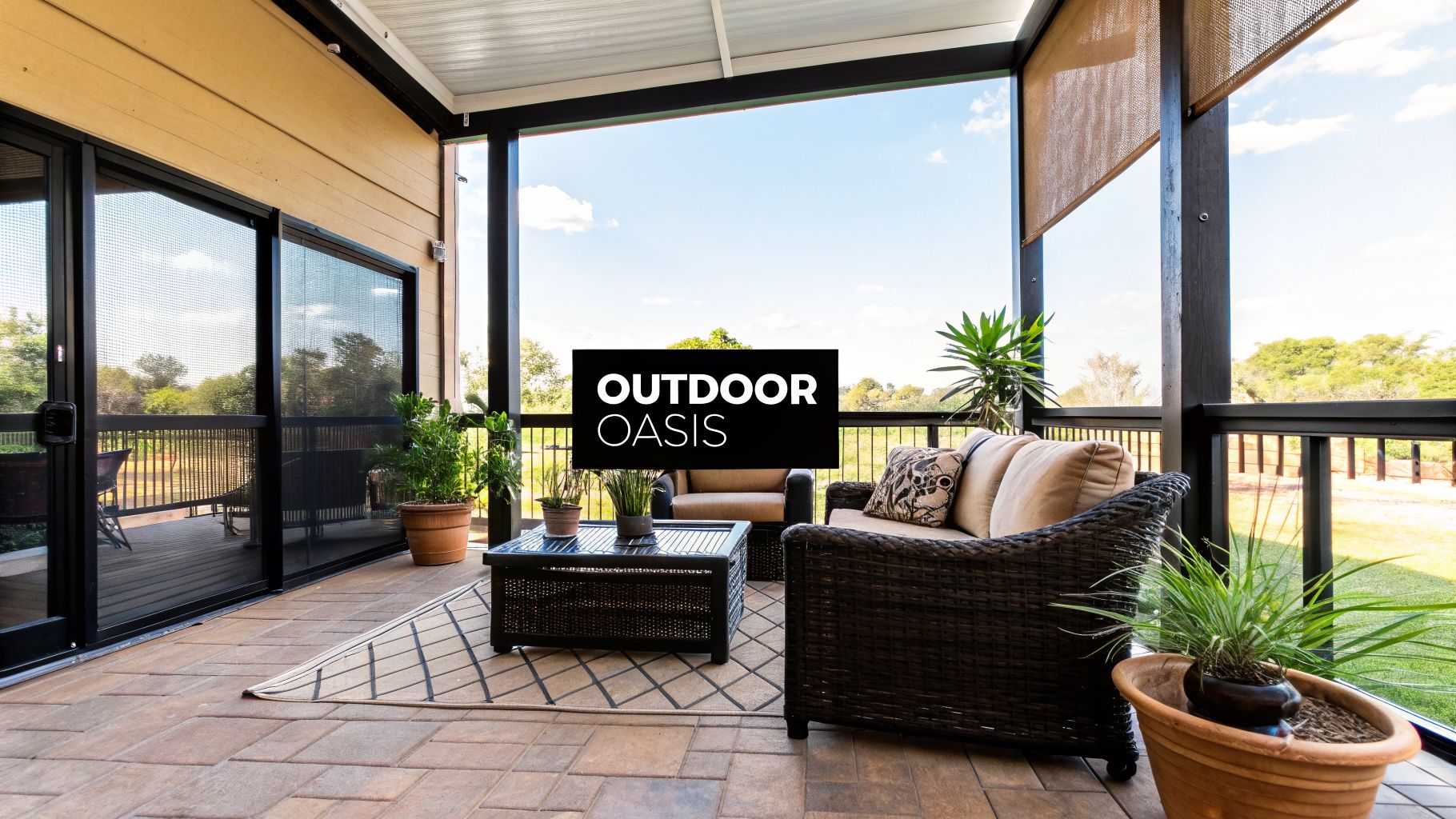 A comfortable screened outdoor patio with wicker furniture, potted plants, and a view of nature.