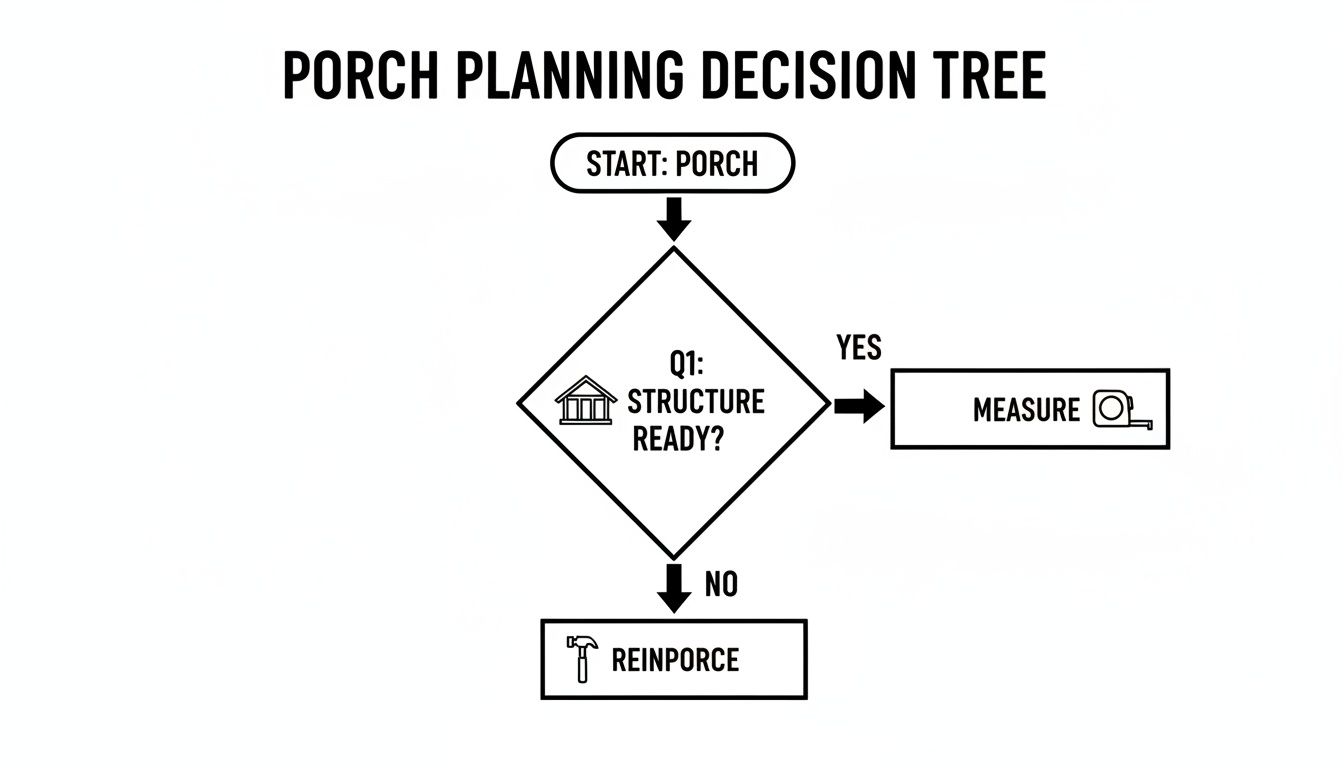 A simple flowchart outlining the porch planning decision tree, starting with structure readiness.
