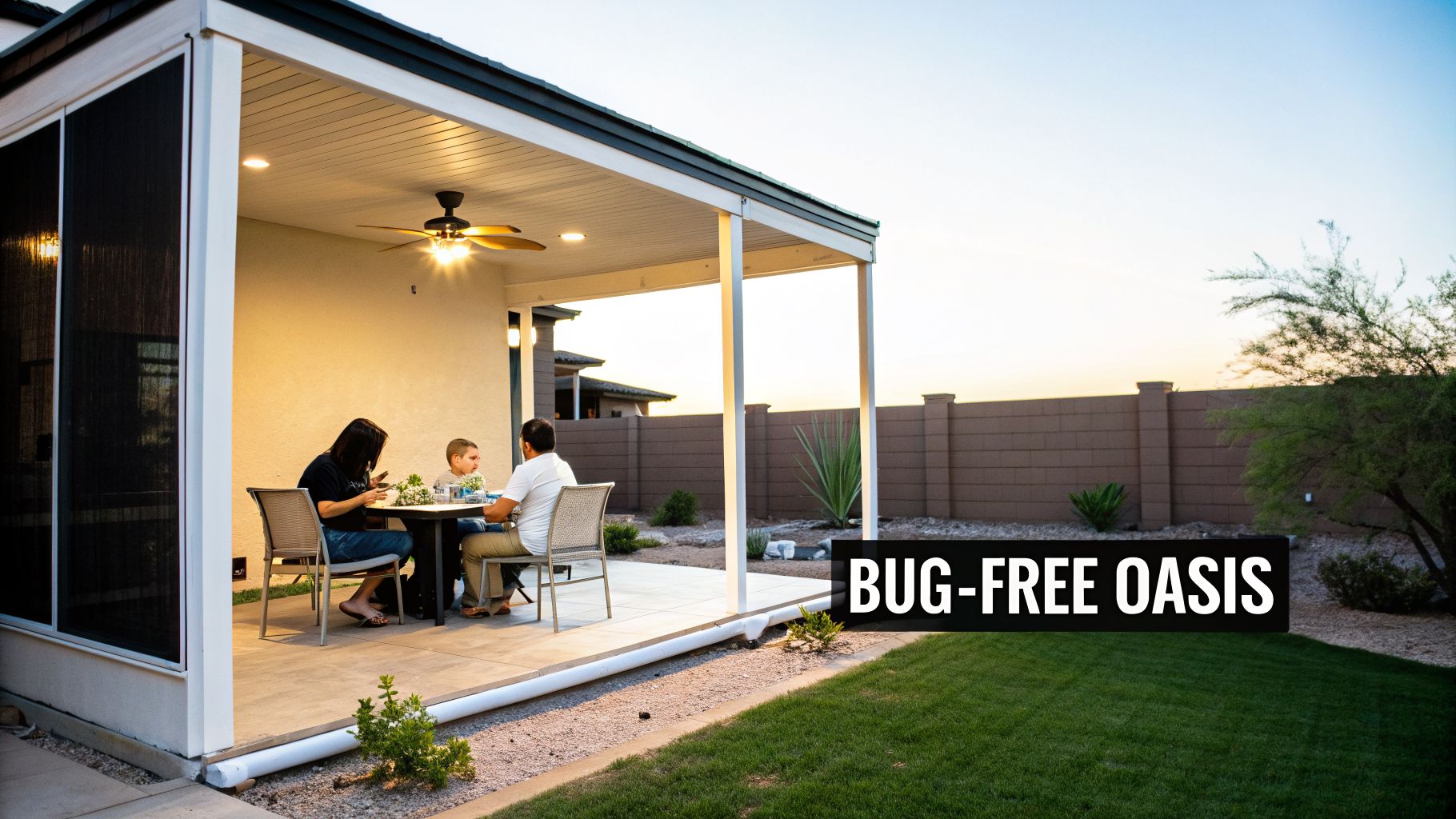 A family enjoys an evening meal on a well-lit, screened-in patio with a ceiling fan.