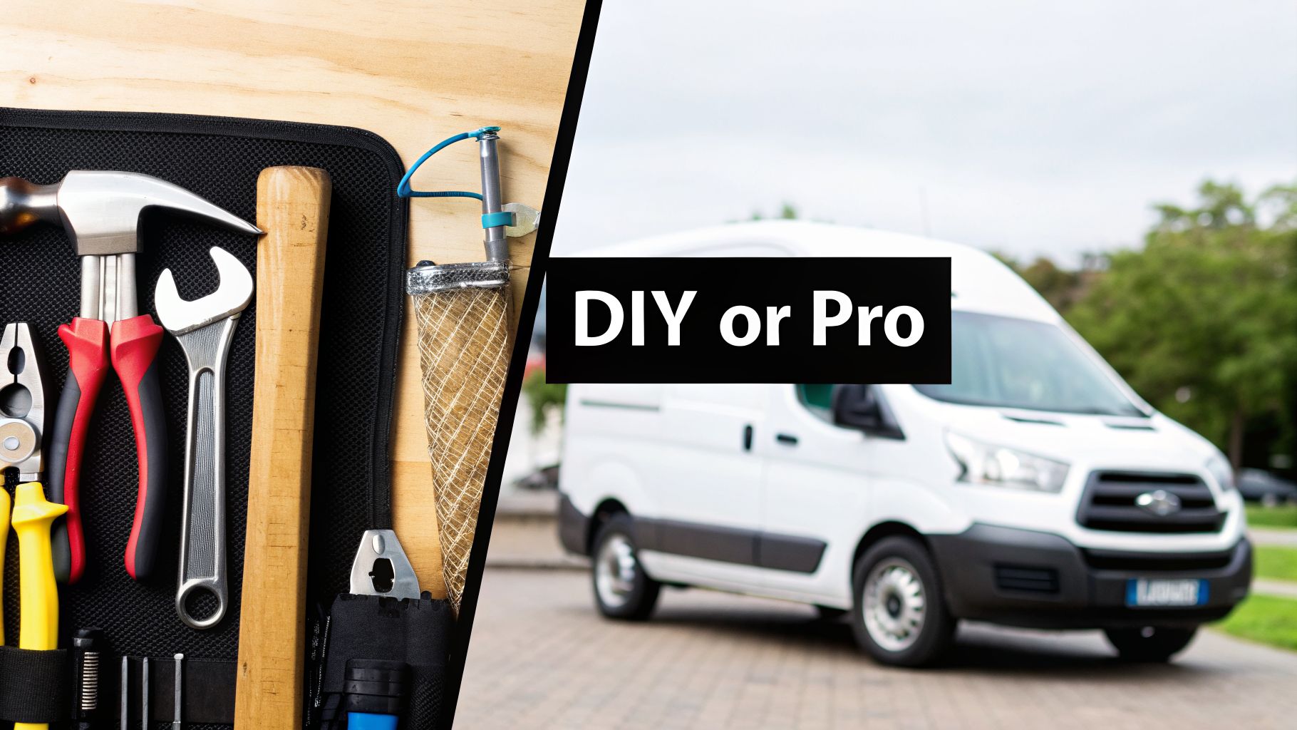 A split image comparing DIY tools on the left with a professional van on the right, asking 'DIY or Pro'.