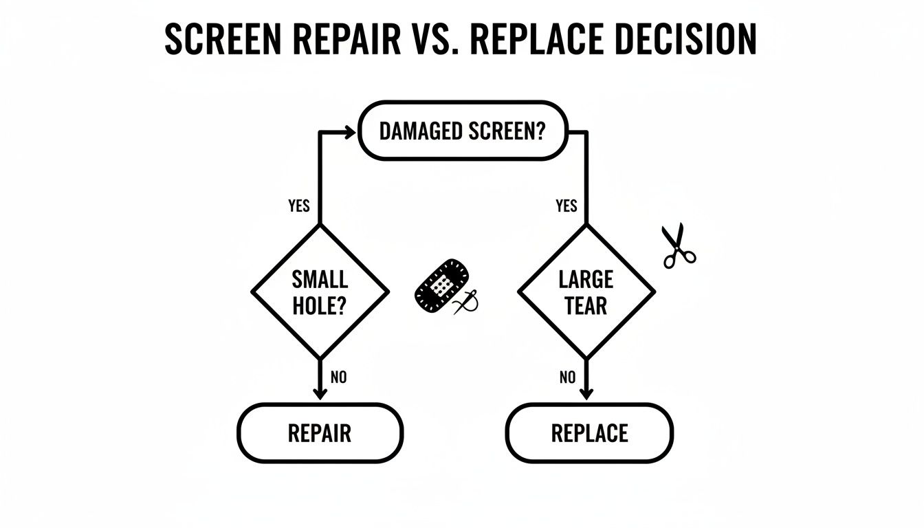 A decision flowchart illustrating whether to repair or replace a damaged screen, based on if it's a small hole or large tear.