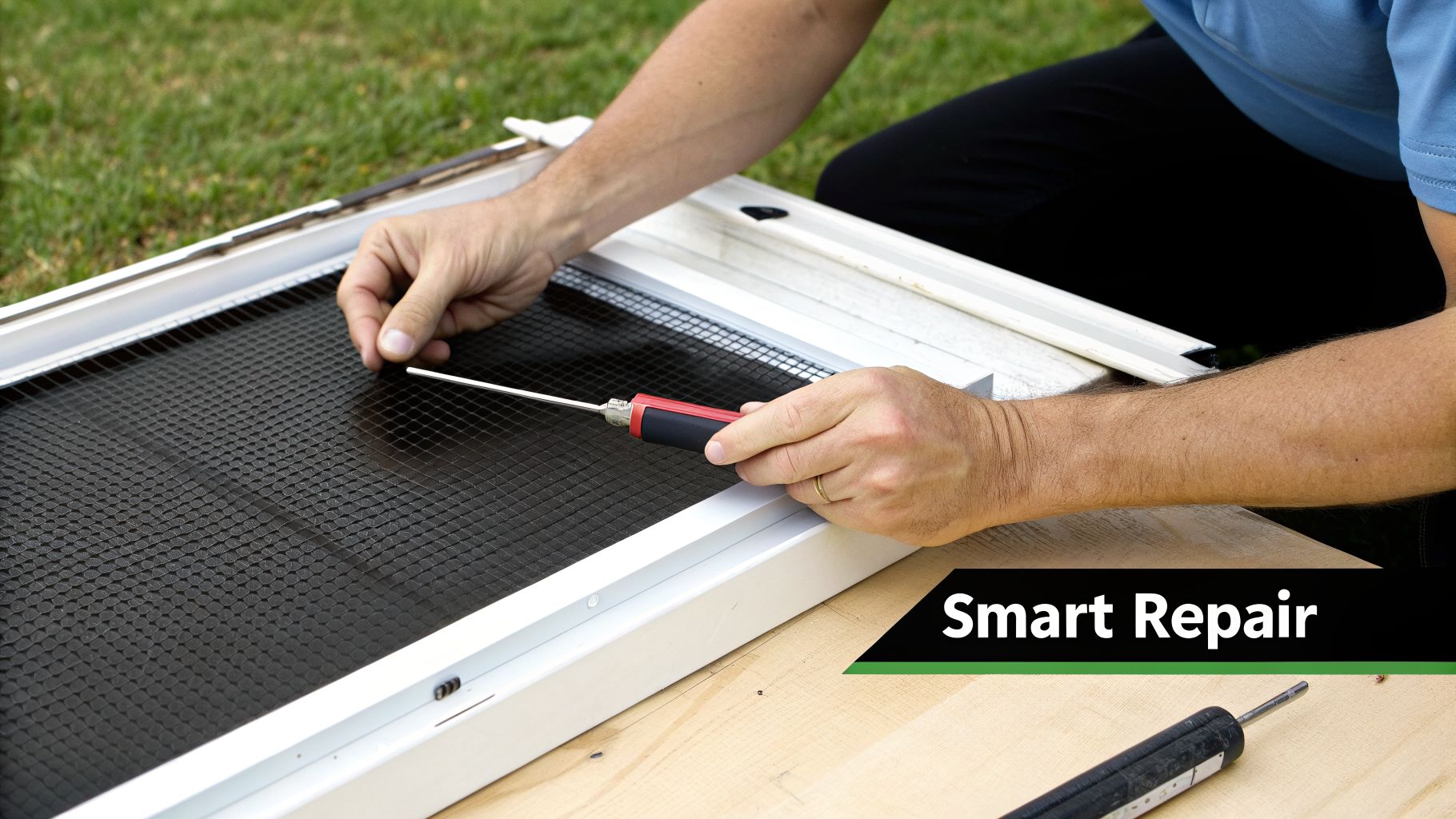 Person's hands using a spline roller to install new black mesh on a white window screen frame.