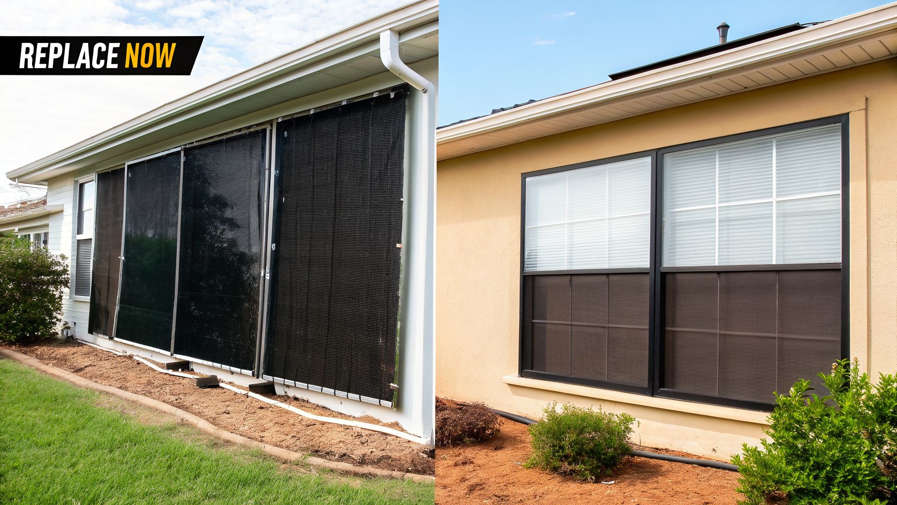 Before and after image showing old external screens replaced with new modern windows on a house.