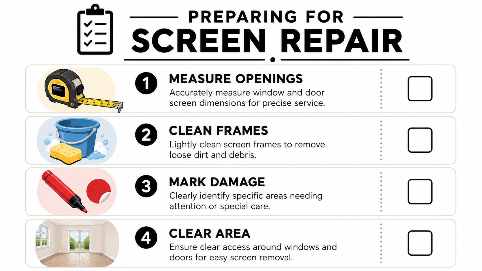 A checklist infographic titled Preparing for Screen Repair showing four steps for window and door maintenance.