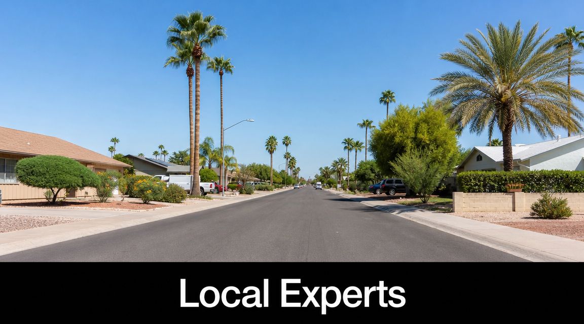 A quiet residential street in a sunny desert neighborhood lined with palm trees and houses.