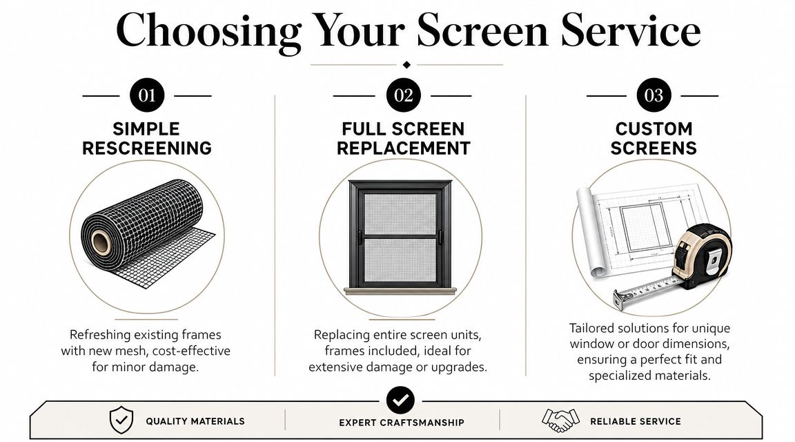 A service guide for choosing screen repair options including rescreening, full replacement, and custom screens.