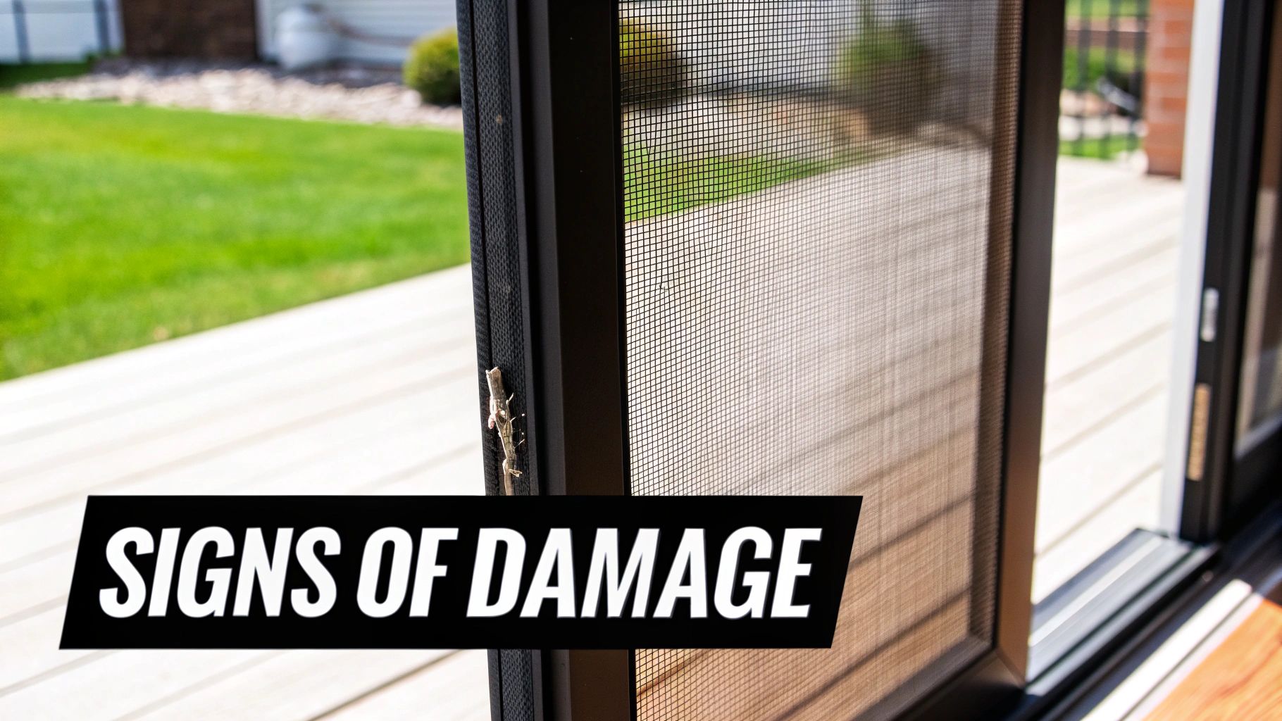 A close-up view of a patio screen door with a stick insect on the frame, showing potential signs of damage.