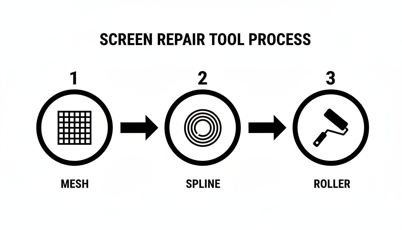 Diagram showing a three-step screen repair process with icons: mesh grid, coiled spline, and a roller.