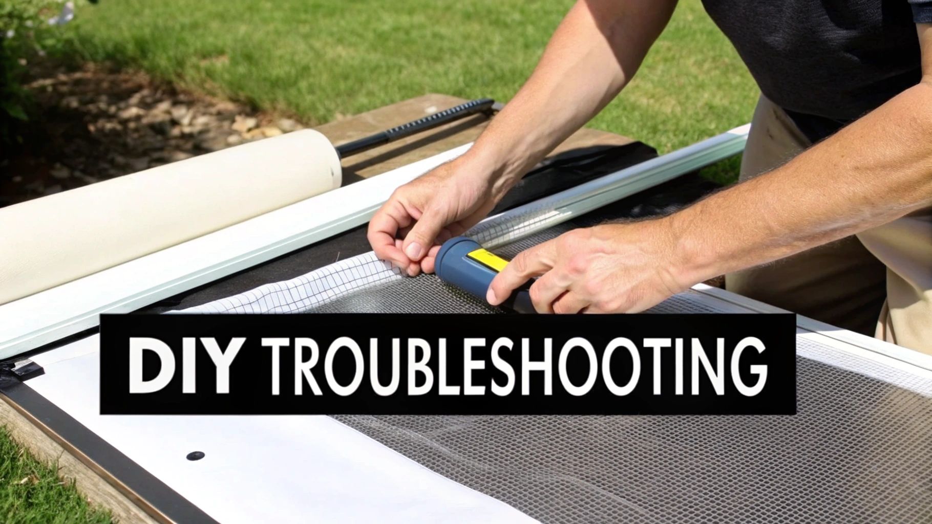 Close-up of hands using a screen roller tool to install new screen mesh on a patio door frame outdoors.