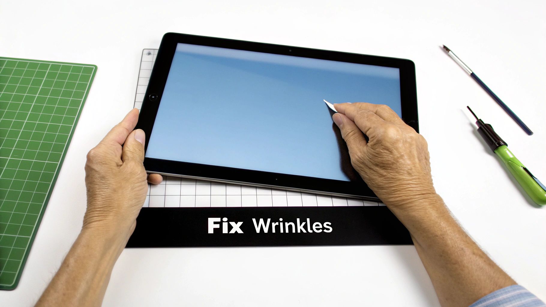 Hands smoothing a screen protector on a tablet with a tool, fixing wrinkles and bubbles.