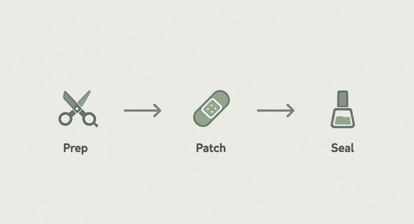 Three-step repair process illustration showing Prep with scissors, Patch with a band-aid, and Seal with a polish bottle.