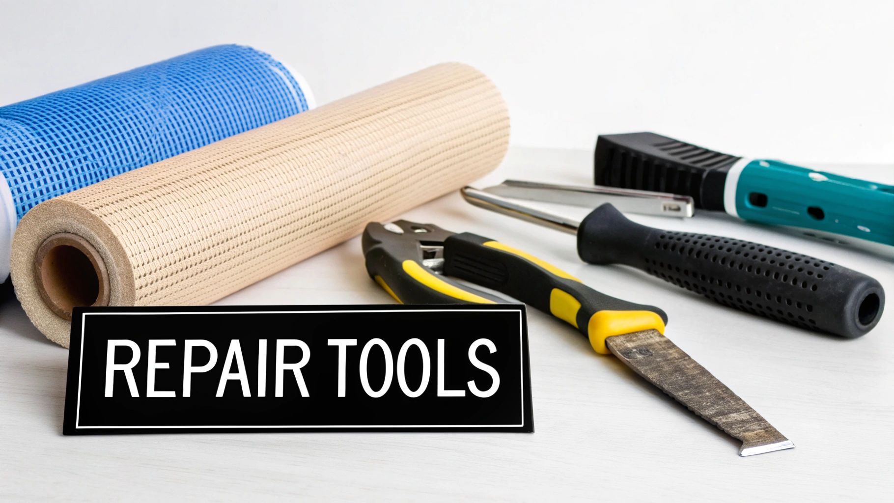 Various repair tools including blue and beige screen mesh rolls, pliers, and a chisel, with a 'REPAIR TOOLS' sign.