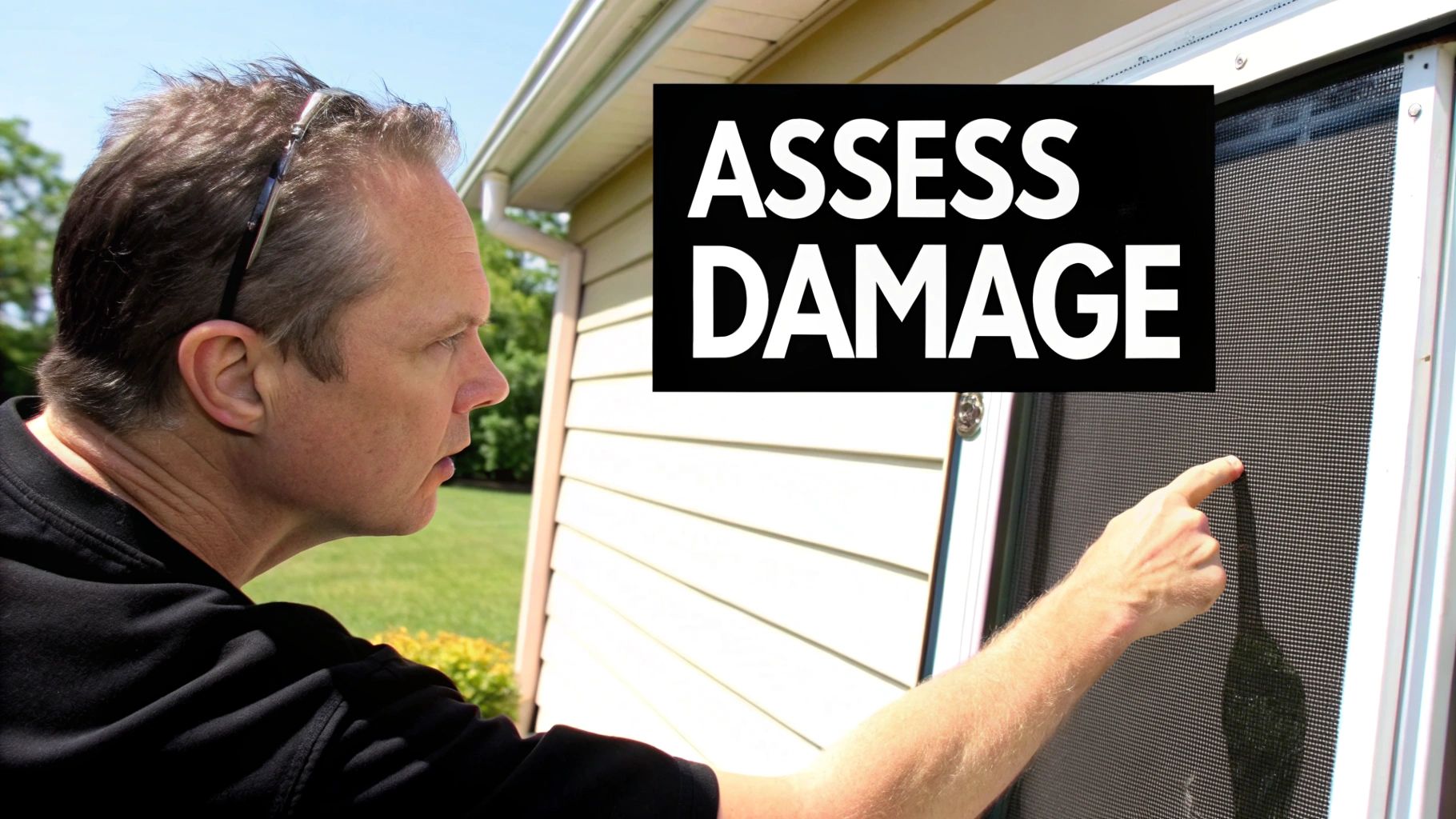 A man points at a screen door to assess damage, with text 'ASSESS DAMAGE'.