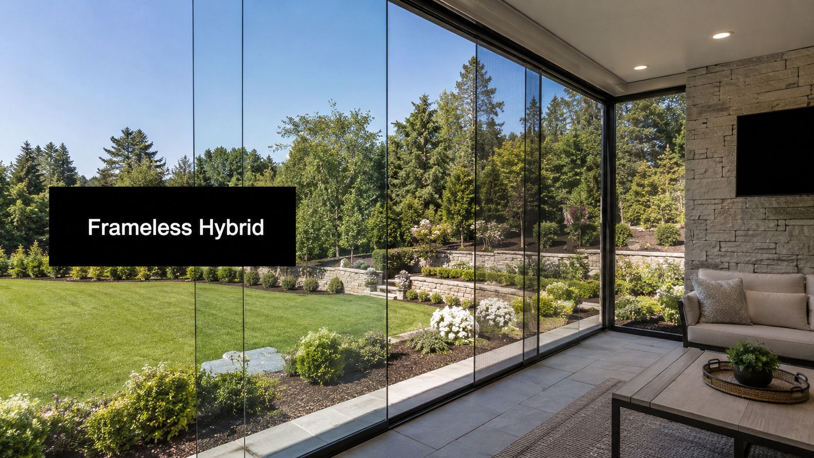 A luxurious screened-in porch with frameless hybrid glass walls overlooking a beautifully landscaped backyard garden.