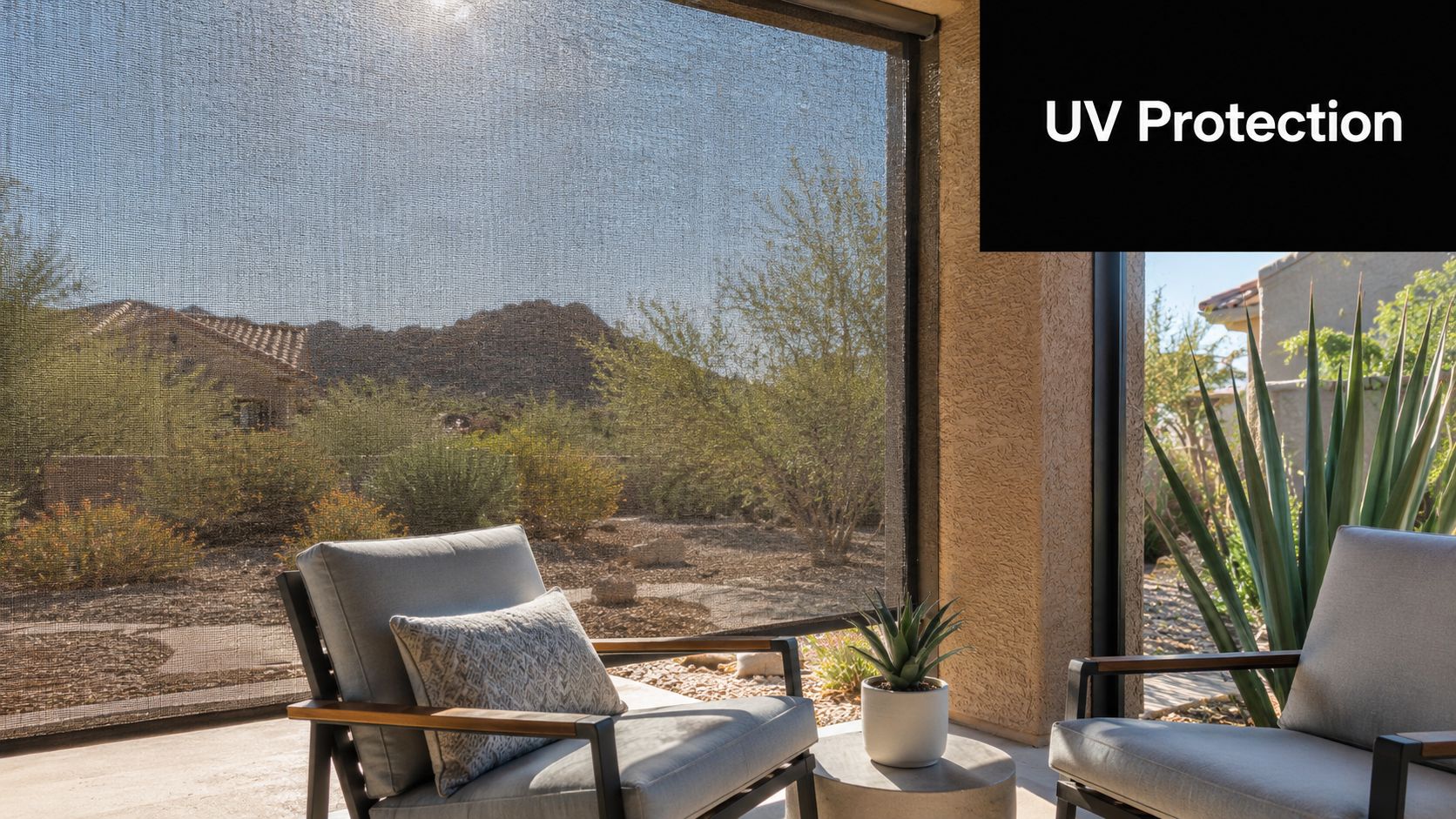 A comfortable screened-in porch with modern chairs overlooking a desert landscape with natural mountain views.