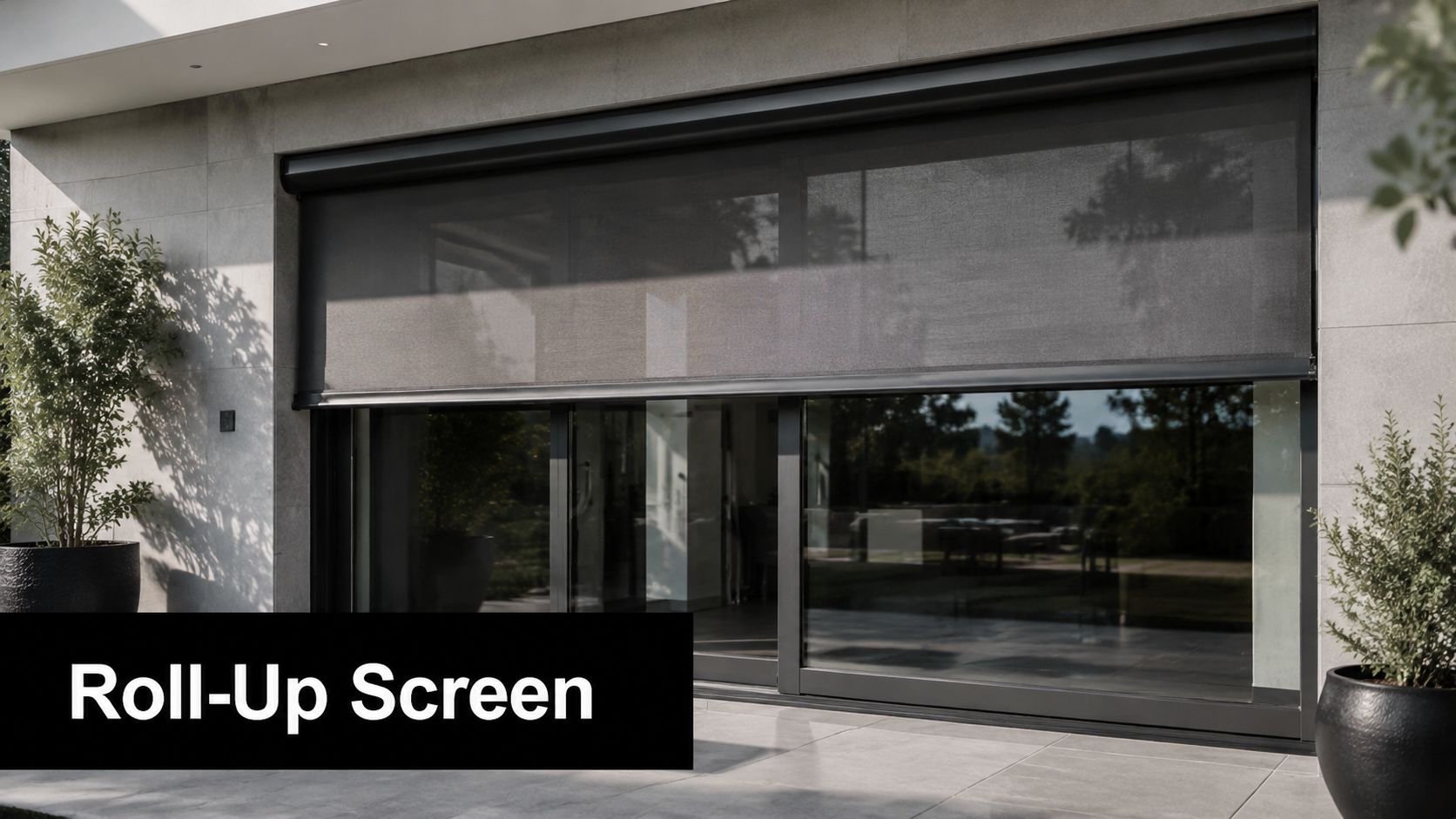 A modern outdoor roll-up screen installed over a large sliding glass patio door on a stone terrace.