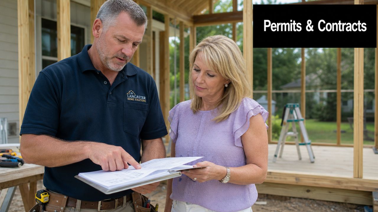 A professional home contractor discusses building plans and permits with a client at a home construction site.