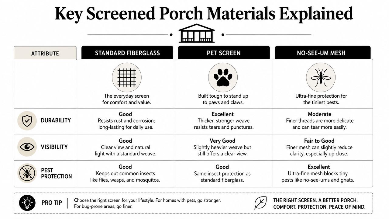 A comparison chart explaining the durability, visibility, and pest protection features of three screened porch materials.
