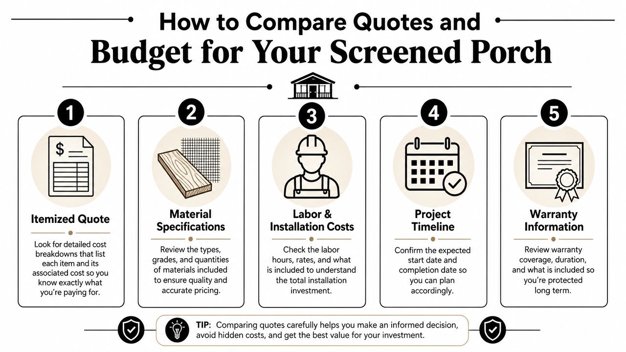 An infographic showing five essential steps to compare contractor quotes and budget for a screened-in porch project.