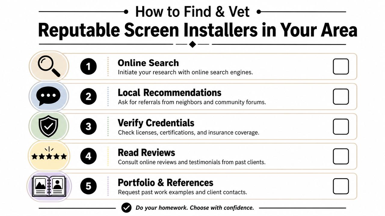A five-step infographic showing how to find and vet reputable screen installers for your home projects.