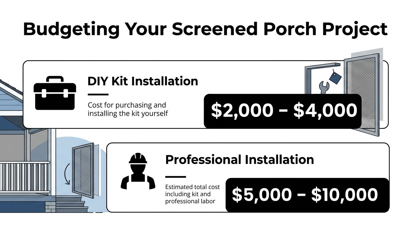 A budget infographic comparing the cost of DIY screened-in porch kits versus professional installation services.