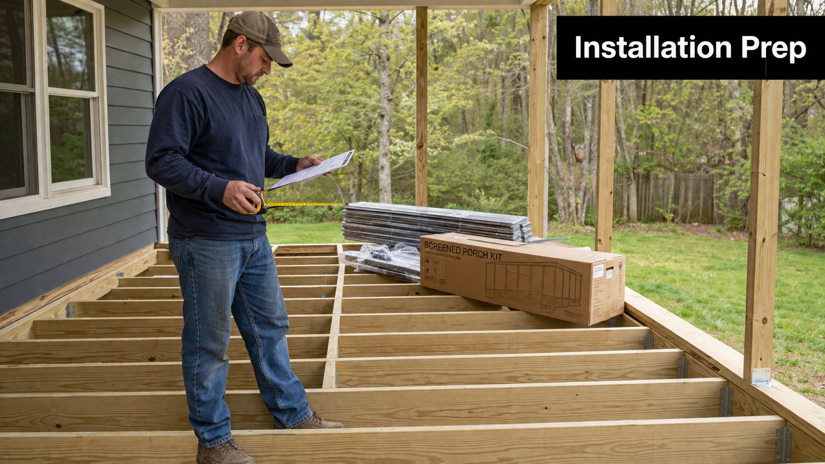 A man holding a measuring tape and instructions while preparing to install a screened porch kit.