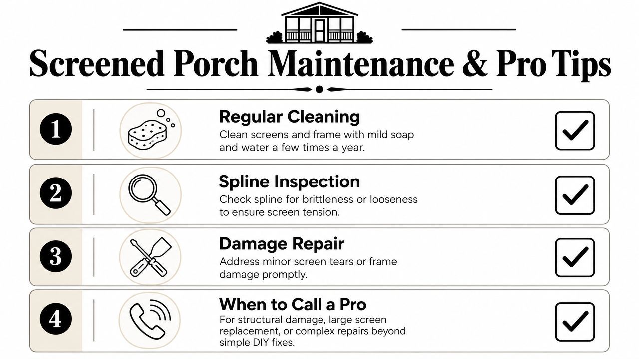 A maintenance guide infographic for screened in porches featuring four numbered steps with helpful tips.