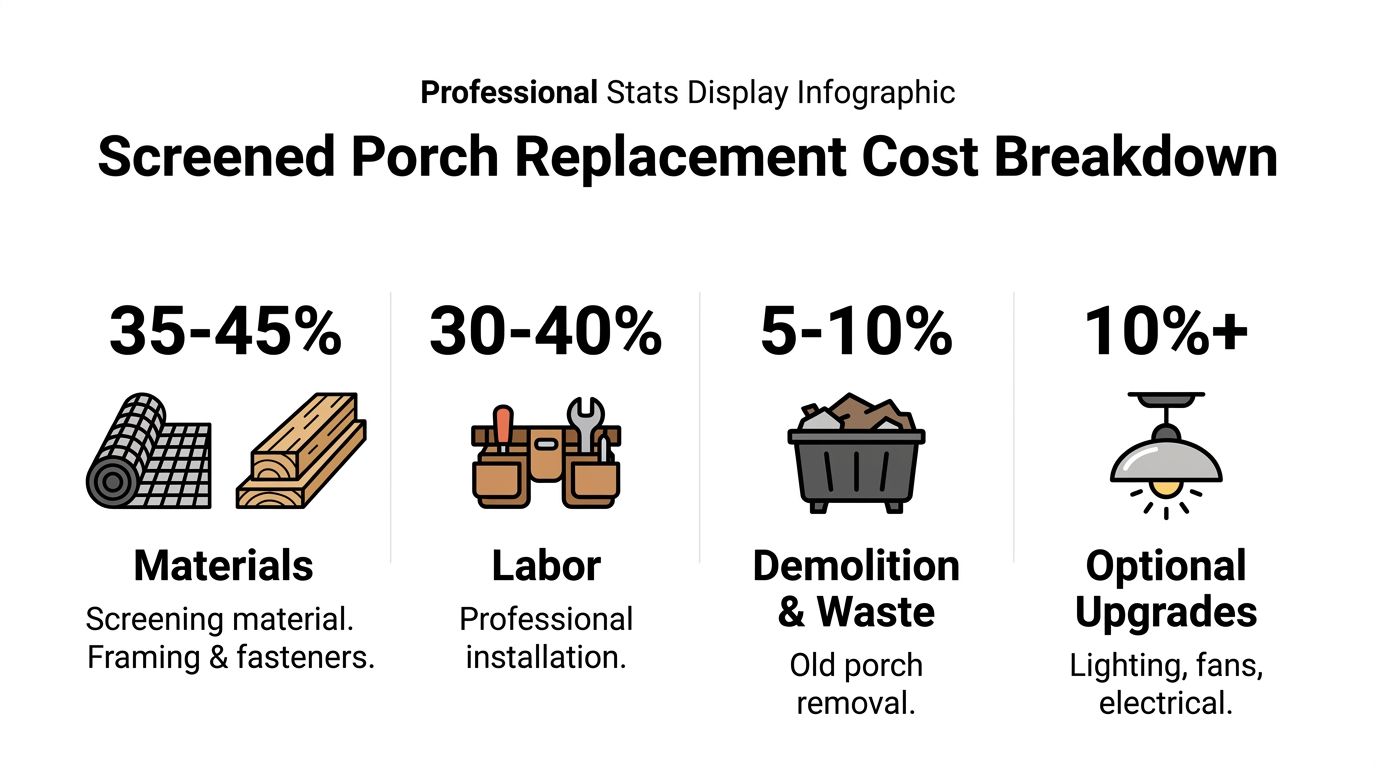An infographic showing the cost breakdown percentages for a screened porch replacement project including materials, labor, and demolition.