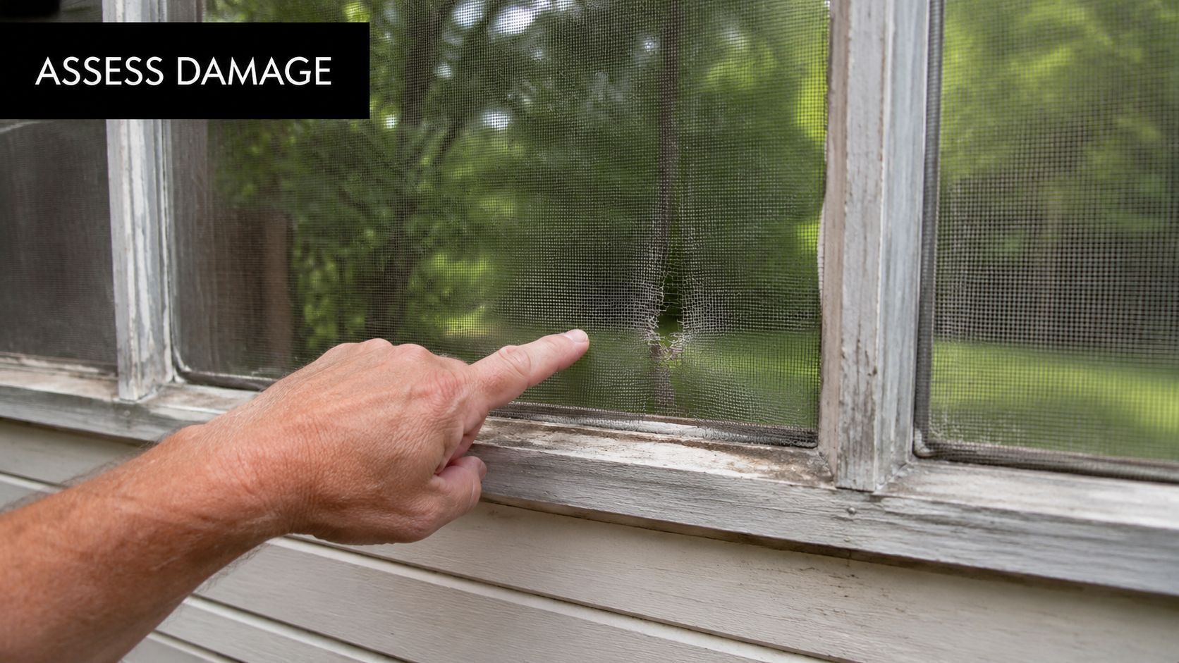 A person pointing to a hole in the mesh screen of a screened-in porch window frame.
