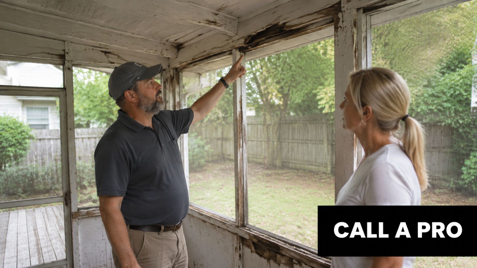 A contractor points out damage on a screened-in porch to a homeowner during an inspection.