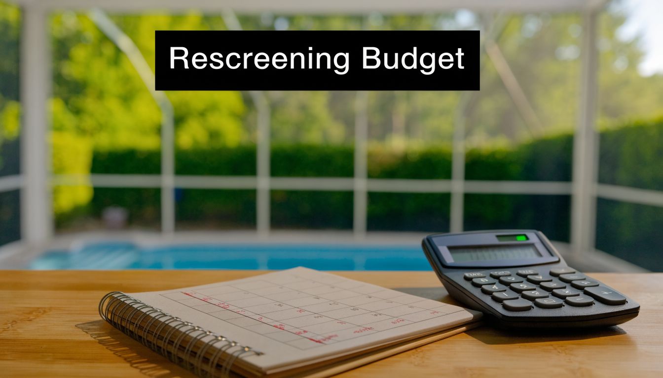 A calculator and a blank calendar on a wooden table overlooking a screened swimming pool.
