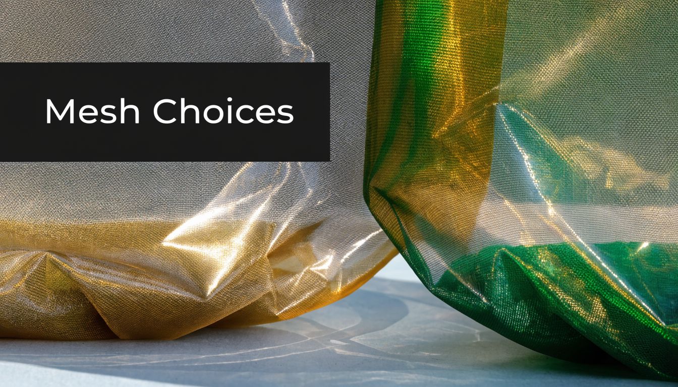 A close-up view of metallic gold and green mesh fabric draped over a smooth surface.