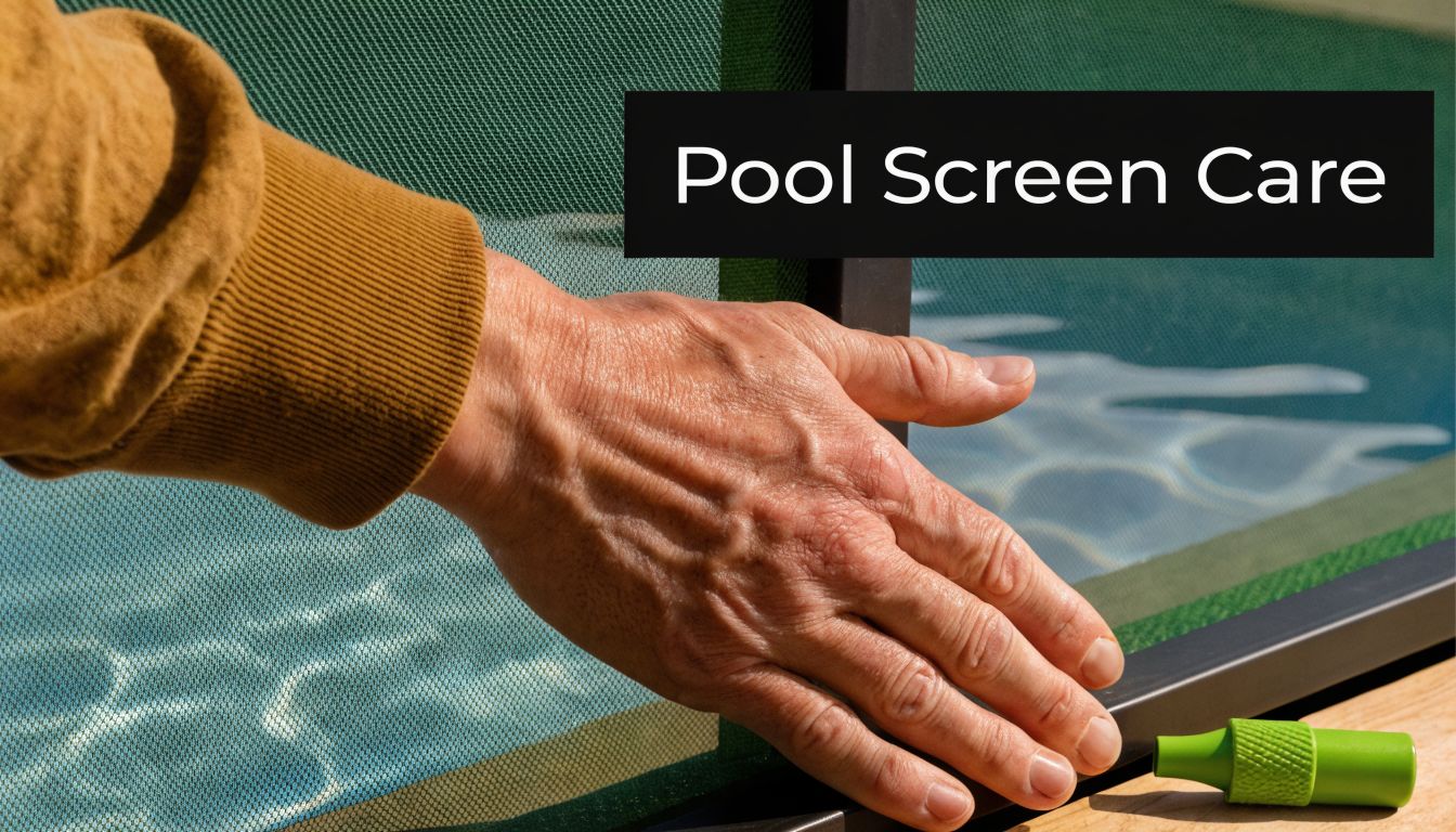 A close-up view of a person's hand resting on a metal frame of a screened swimming pool enclosure.