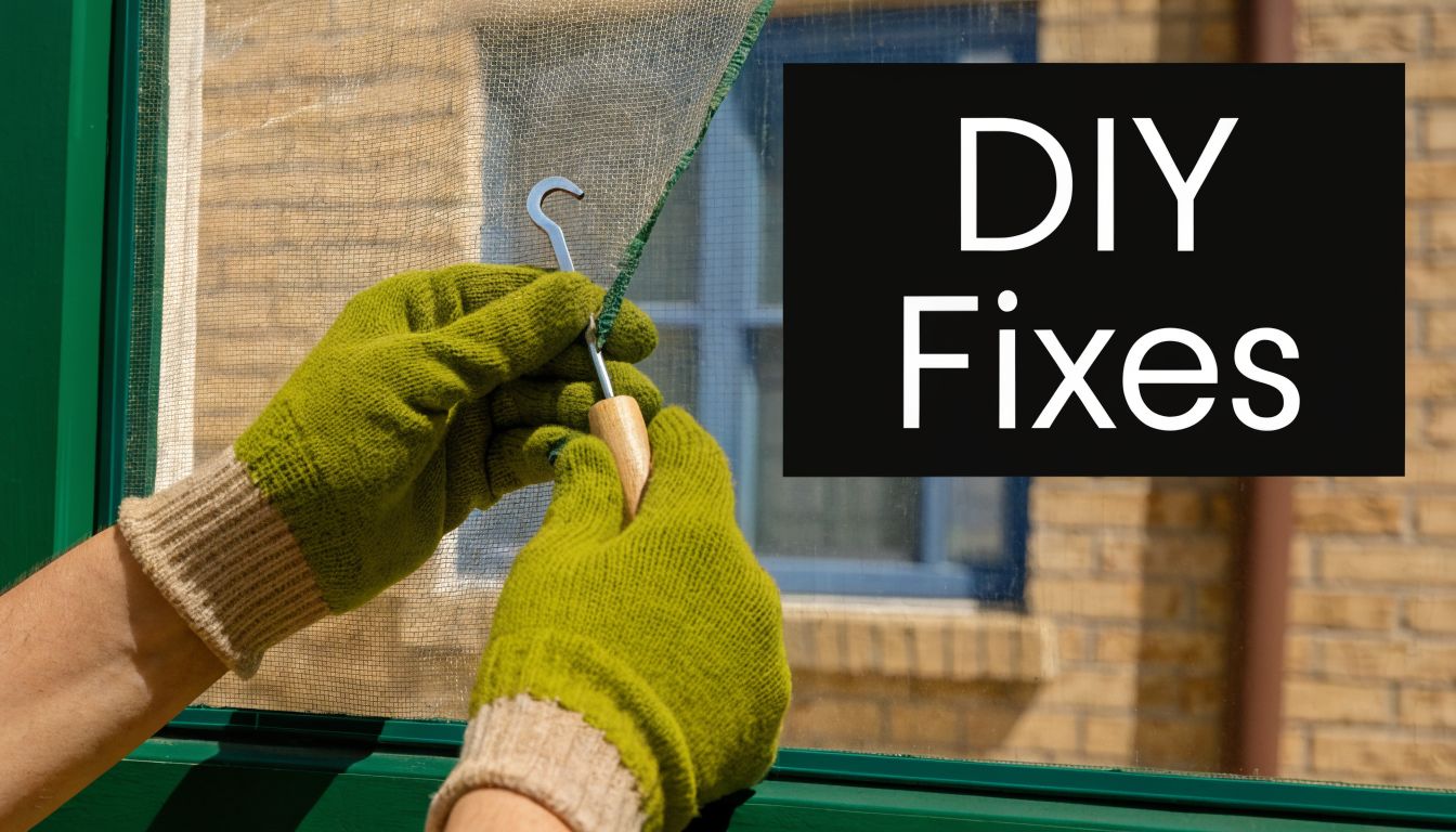 A person wearing green gloves uses a metal tool to install a mesh window screen.