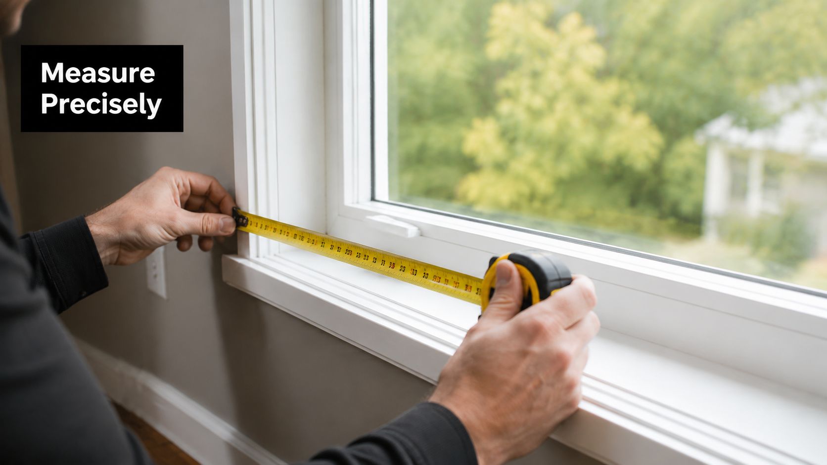 A person measuring the width of a window frame with a yellow retractable tape measure carefully.
