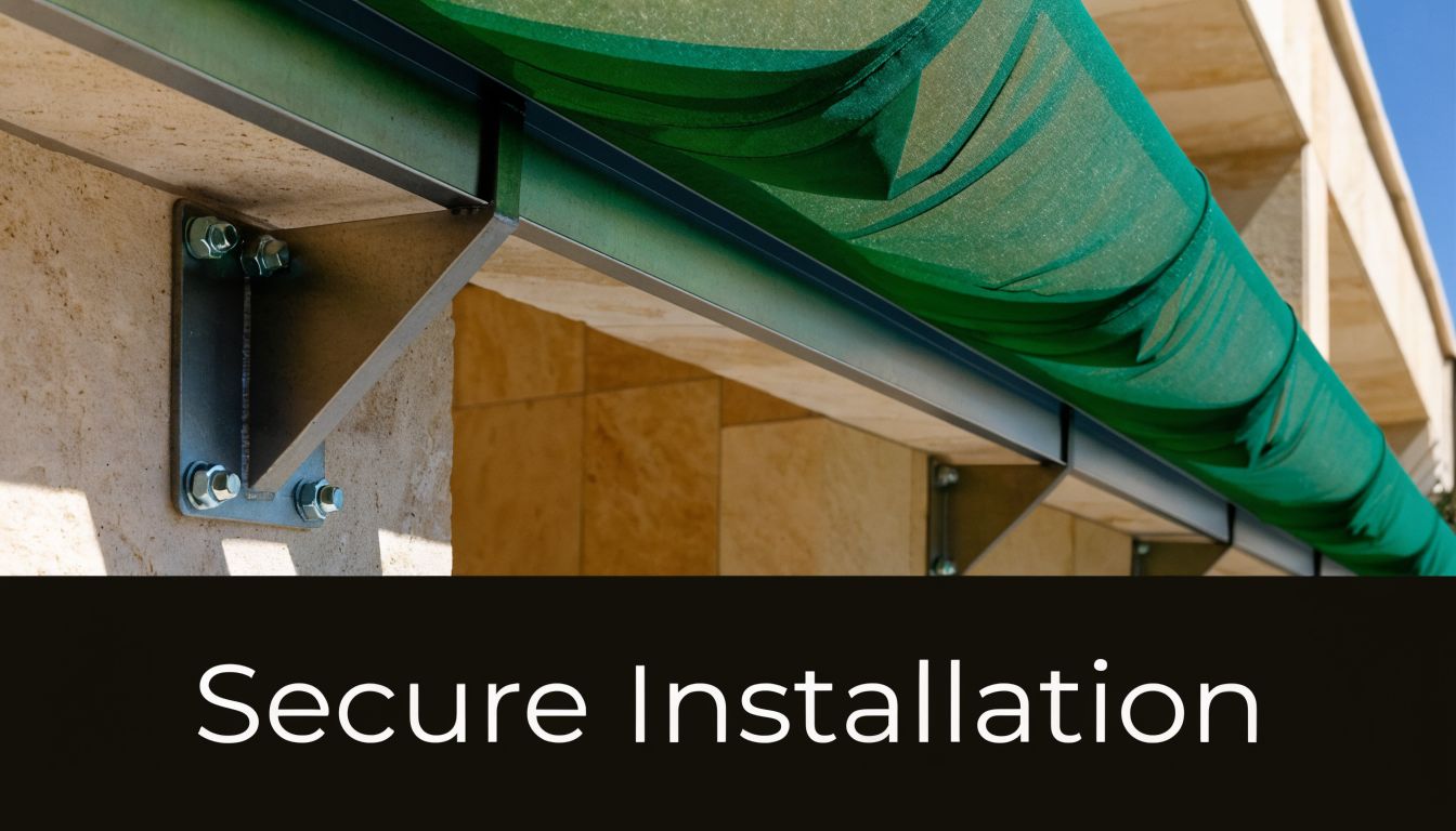 A close-up view of a secure metal bracket supporting a green fabric awning on a stone wall.