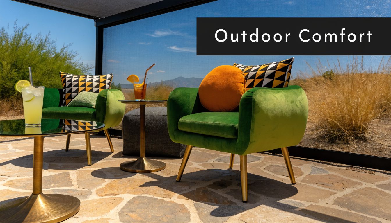 Two luxurious green velvet chairs with colorful cushions on a stone patio overlooking a desert landscape.