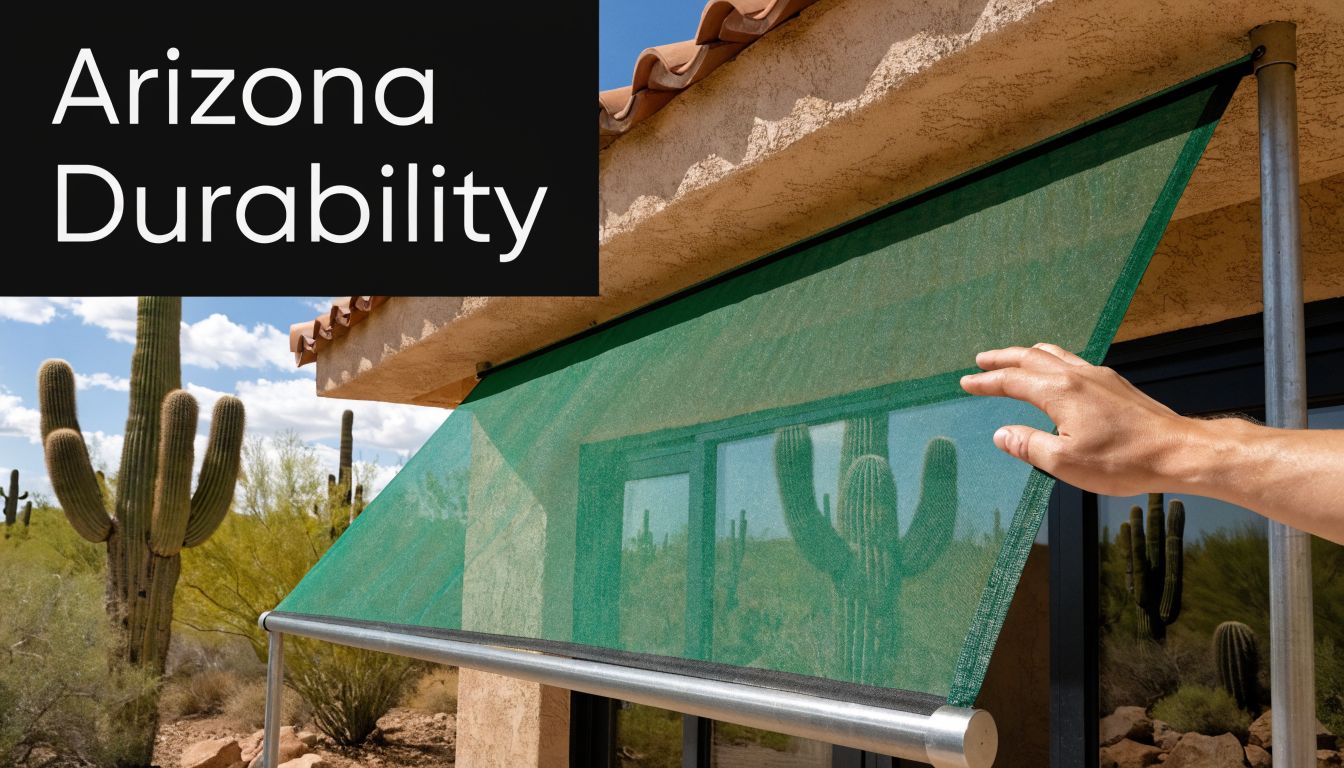 A hand adjusts a green exterior sun shade awning installed on a desert home porch.