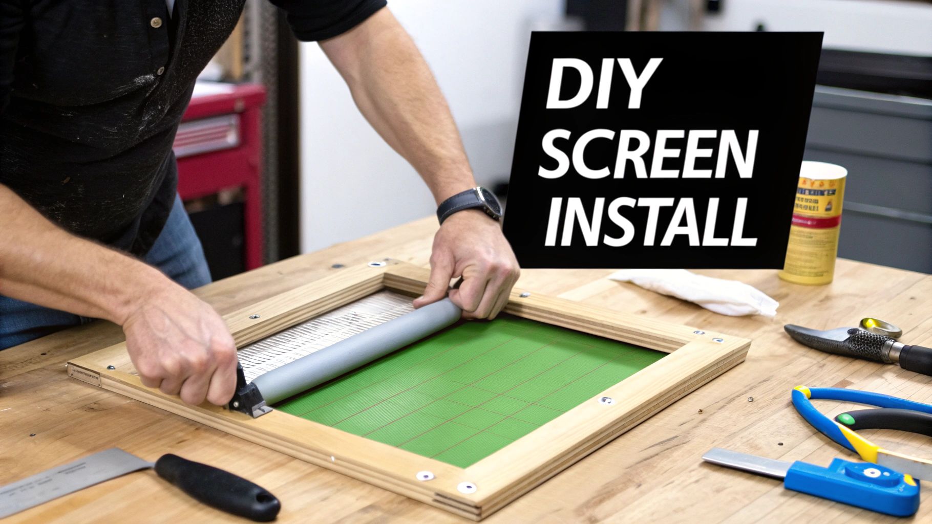 A person installs a green mesh screen into a wooden frame using a spline roller tool.