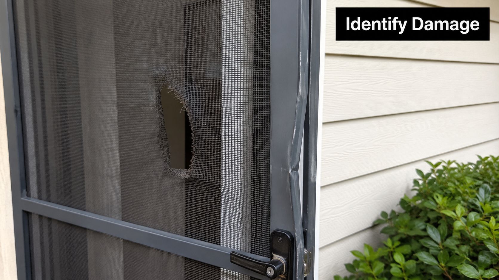 A close-up view of a damaged security screen door with a hole in the mesh and a bent frame.