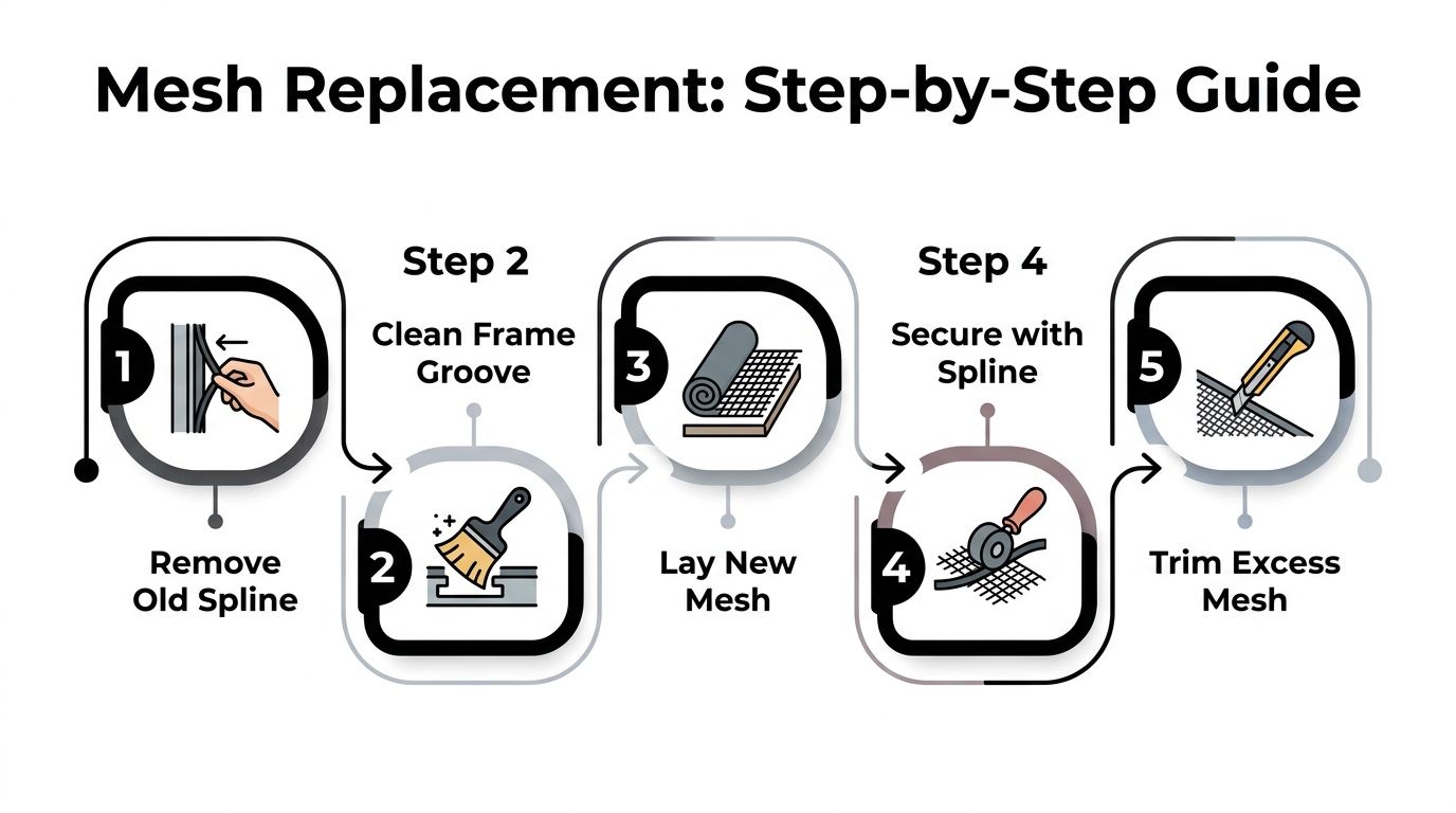 A five-step infographic showing how to replace mesh on a screen door frame.