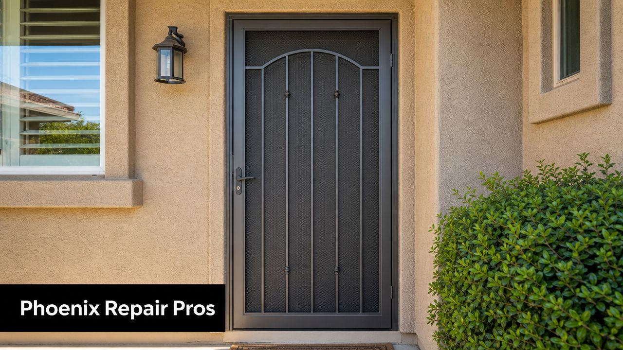 A modern security screen door installed on the front entrance of a stucco residential home exterior.