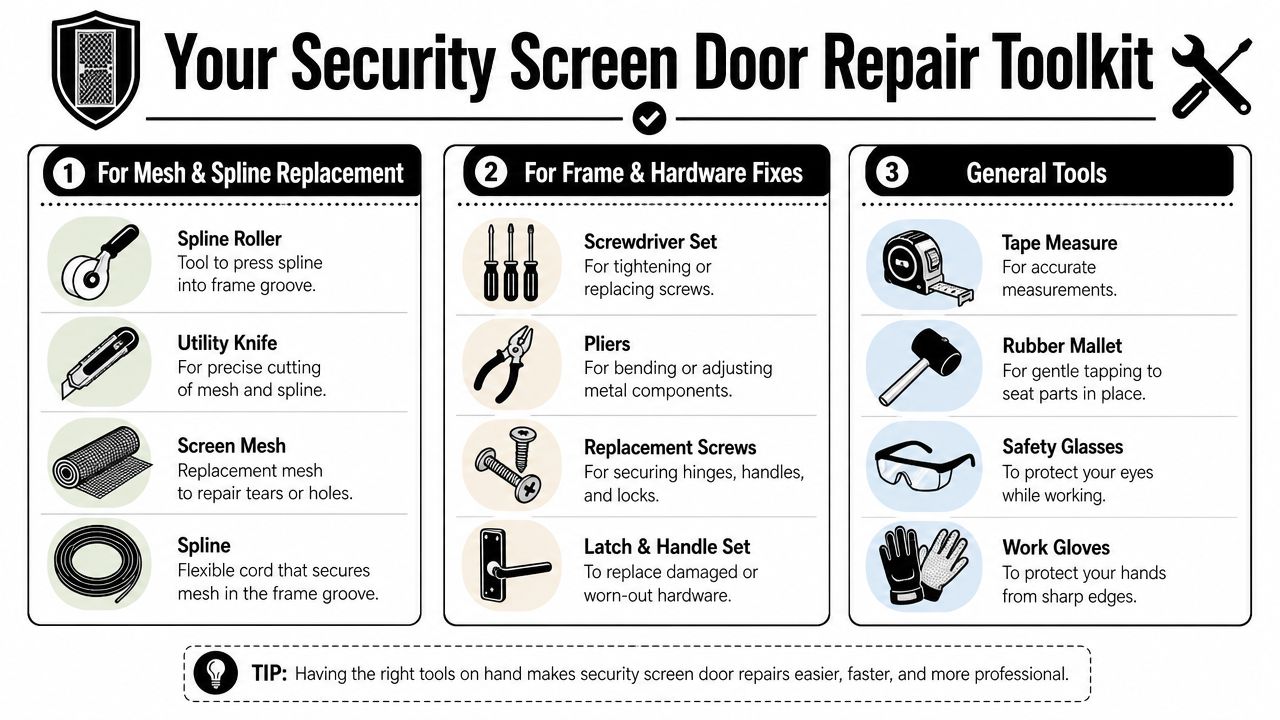 An infographic showing essential tools required for repairing security screen doors, categorized into mesh, frame, and general.