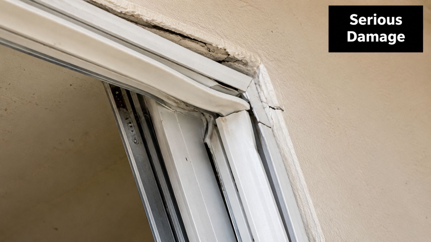 A close-up view of a damaged sliding glass door frame showing structural cracking and weather stripping failure.