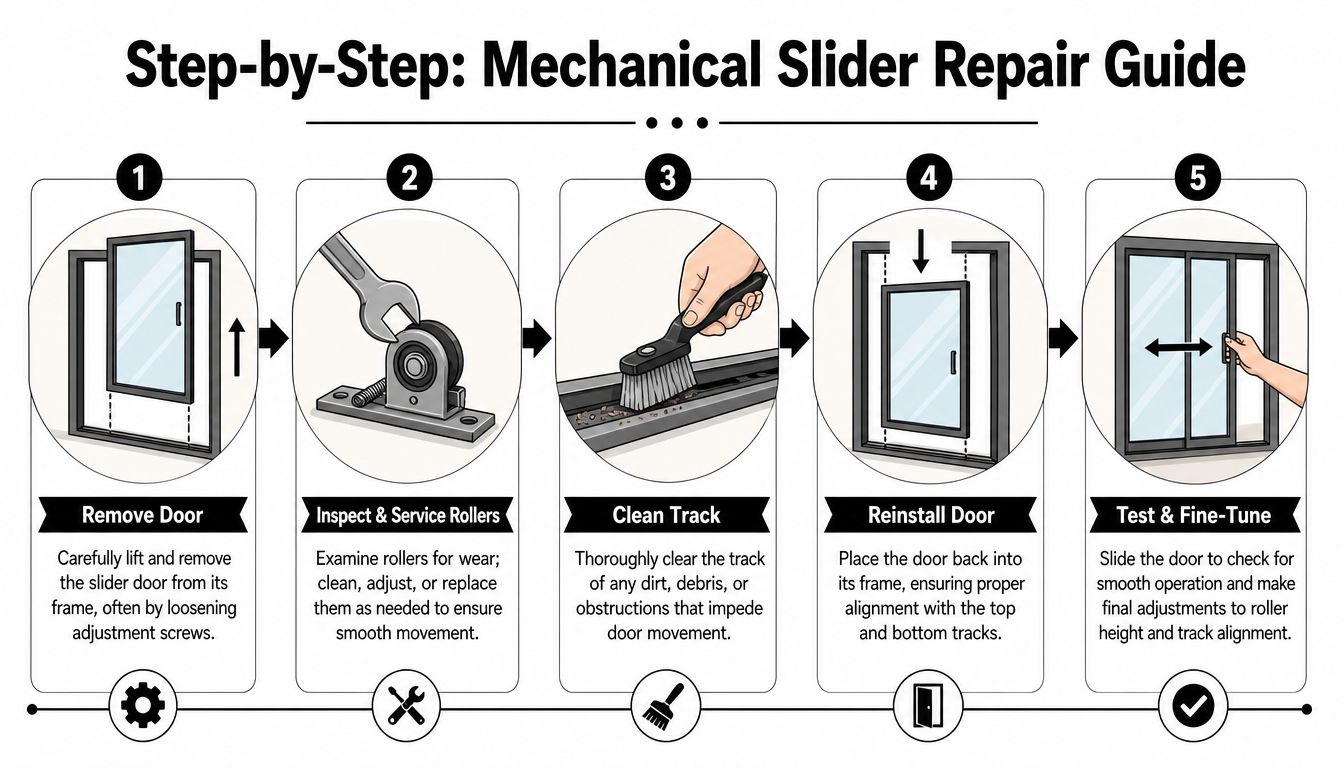 A five-step illustrated guide showing how to repair and maintain a sliding glass door.